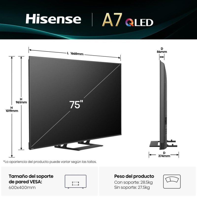 Hisense QLED 75A7Q 75″ 4K Dolby Vision Subwoofer HDMI 2.1 Smart Bluetooth