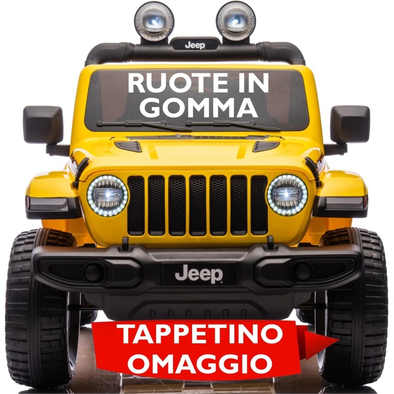 Auto Elettrica Macchina per Bambini 2 Posti Jeep Wrangler Rubicon 12V Fuoristrada con Ruote in Gomma Sedile in Pelle Telecomando - Giallo
