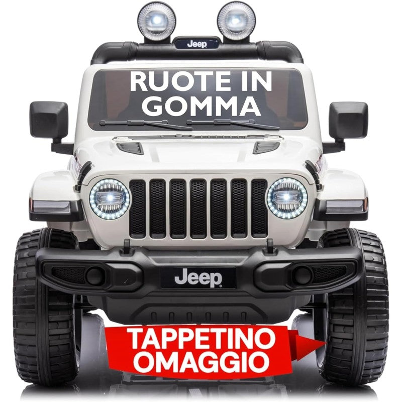 Auto Elettrica Macchina per Bambini 2 Posti Jeep Wrangler Rubicon 12V Fuoristrada con Ruote in Gomma Sedile in Pelle Telecomando - Bianco