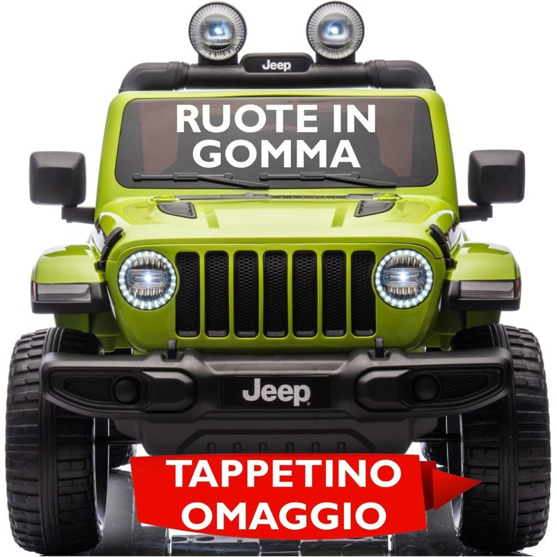 Auto Elettrica Macchina per Bambini 2 Posti Jeep Wrangler Rubicon 12V Fuoristrada con Ruote in Gomma Sedile in Pelle Telecomando - Verde Militare