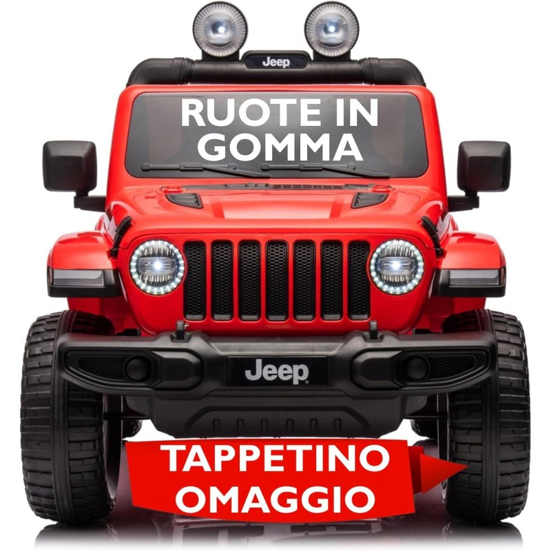 Auto Elettrica Macchina per Bambini 2 Posti Jeep Wrangler Rubicon 12V Fuoristrada con Ruote in Gomma Sedile in Pelle Telecomando - Rosso