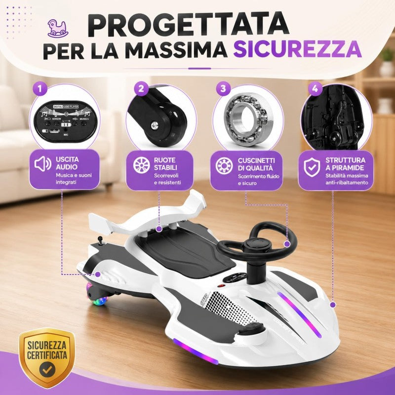 Auto Elettrica per Bambini 12V Macchina Vorticar Piroettante 2 in 1 con Sterzo 360° Effetto Fumo Musica Luci LED Telecomando – Variante Bianco