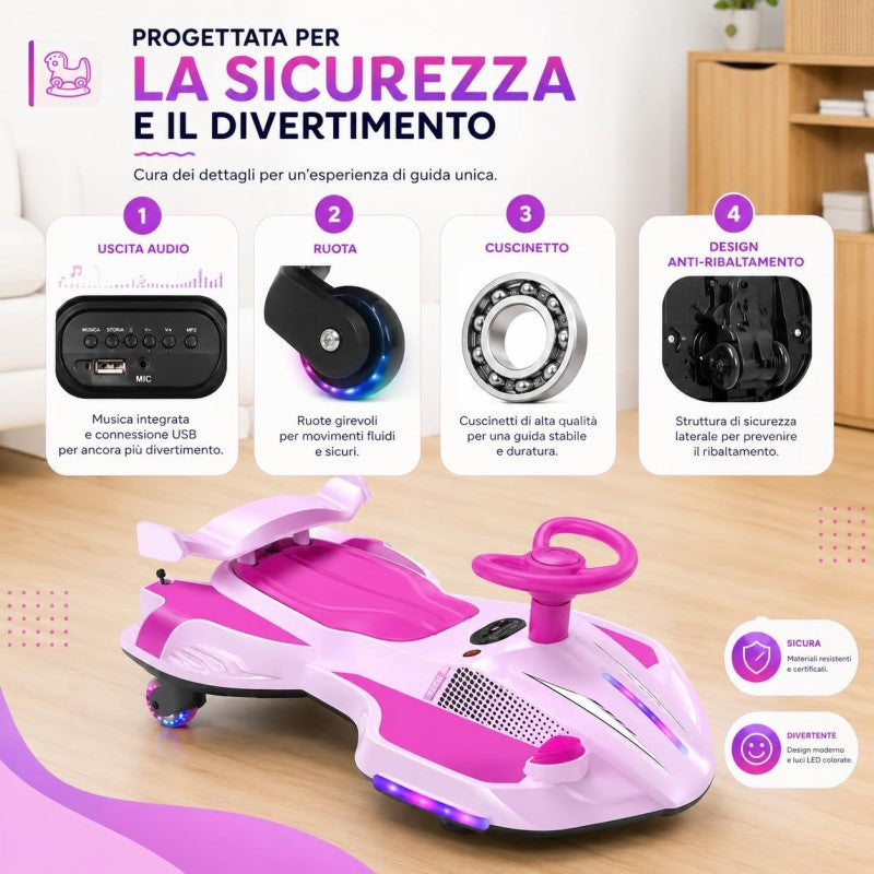 Auto Elettrica per Bambini 12V Macchina Vorticar Piroettante 2 in 1 con Sterzo 360° Effetto Fumo Musica Luci LED Telecomando – Variante Rosa