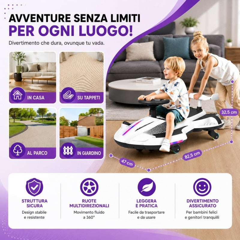 Auto Elettrica per Bambini 12V Macchina Vorticar Piroettante 2 in 1 con Sterzo 360° Effetto Fumo Musica Luci LED Telecomando – Variante Bianco