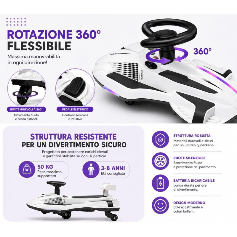 Auto Elettrica per Bambini 12V Macchina Vorticar Piroettante 2 in 1 con Sterzo 360° Effetto Fumo Musica Luci LED Telecomando – Variante Bianco