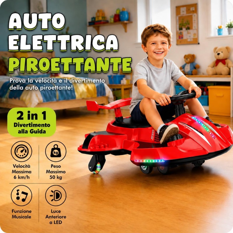 Auto Elettrica per Bambini 12V Macchina Vorticar Piroettante 2 in 1 con Sterzo 360° Effetto Fumo Musica Luci LED Telecomando – Variante Rosso