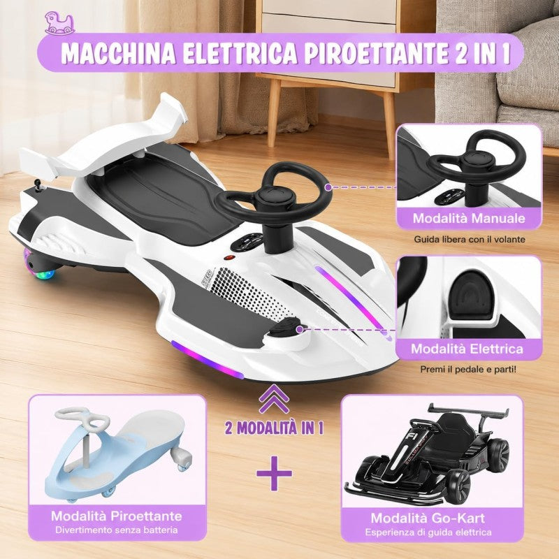 Auto Elettrica per Bambini 12V Macchina Vorticar Piroettante 2 in 1 con Sterzo 360° Effetto Fumo Musica Luci LED Telecomando – Variante Bianco