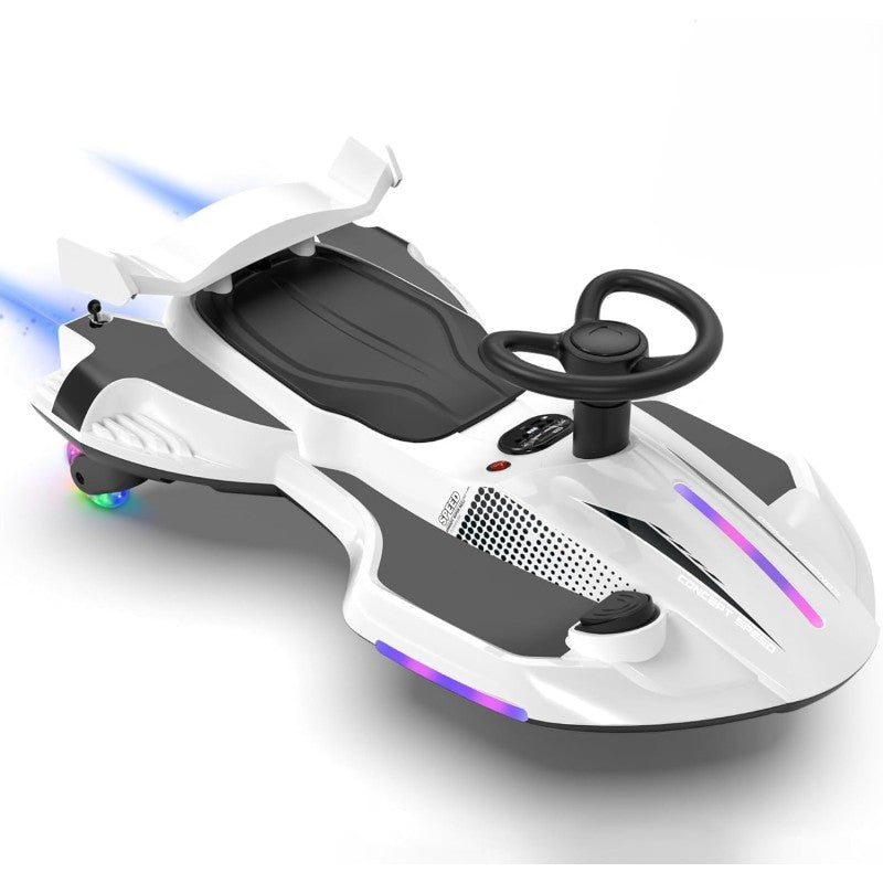 Auto Elettrica per Bambini 12V Macchina Vorticar Piroettante 2 in 1 con Sterzo 360° Effetto Fumo Musica Luci LED Telecomando – Variante Bianco