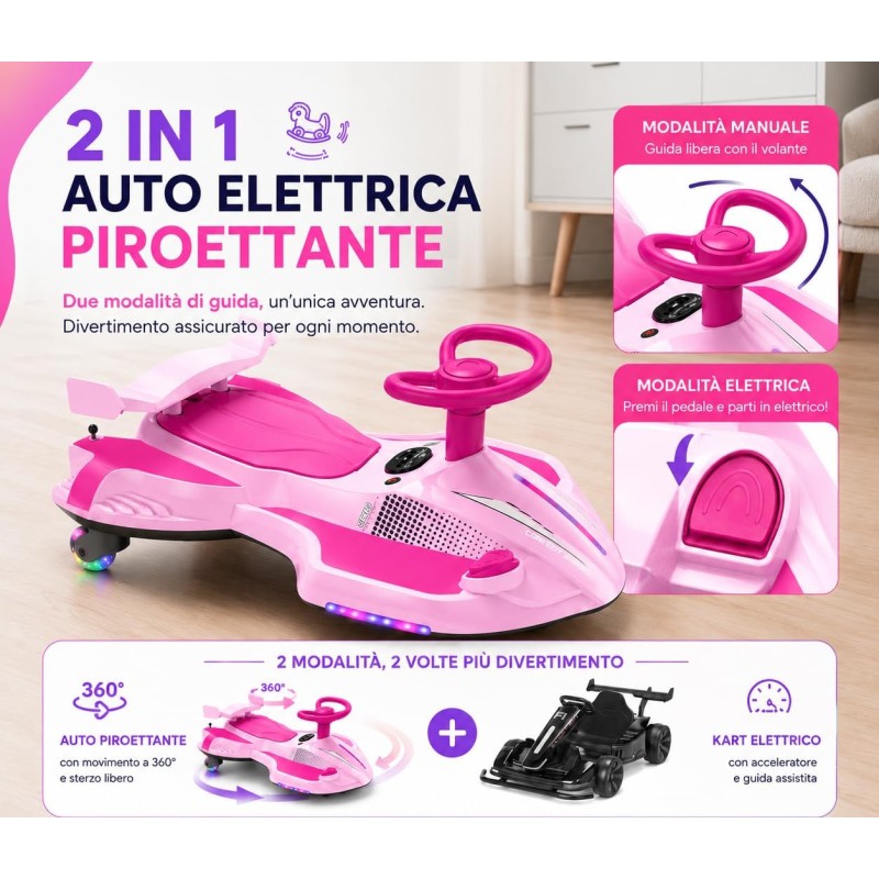 Auto Elettrica per Bambini 12V Macchina Vorticar Piroettante 2 in 1 con Sterzo 360° Effetto Fumo Musica Luci LED Telecomando – Variante Rosa