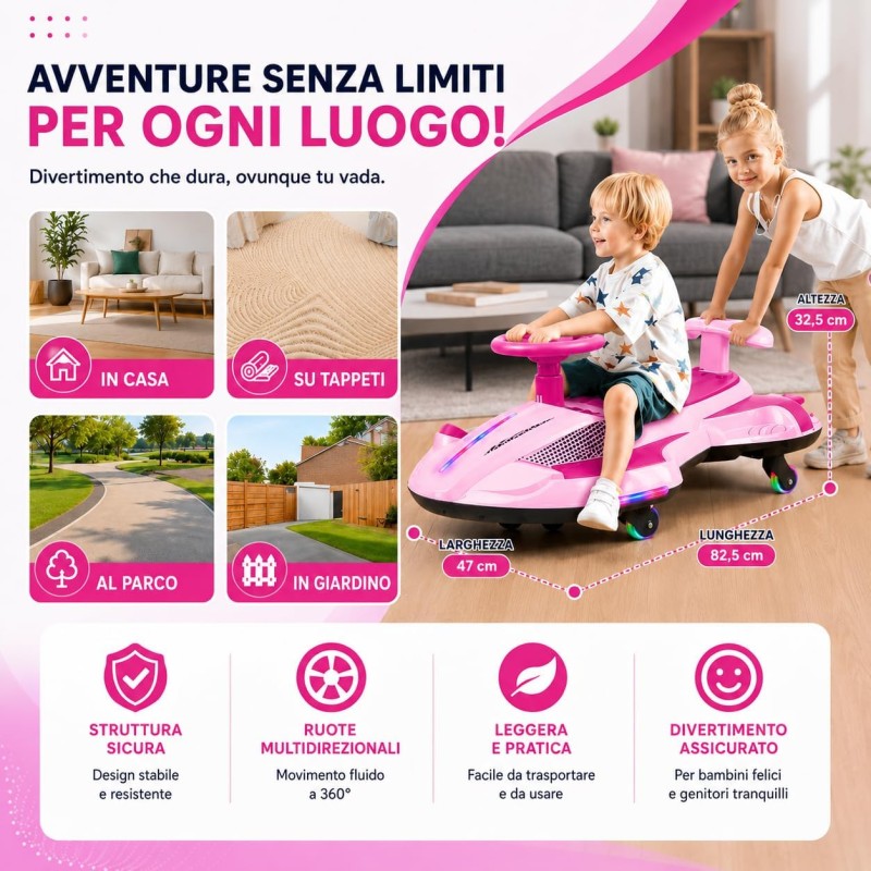 Auto Elettrica per Bambini 12V Macchina Vorticar Piroettante 2 in 1 con Sterzo 360° Effetto Fumo Musica Luci LED Telecomando – Variante Rosa