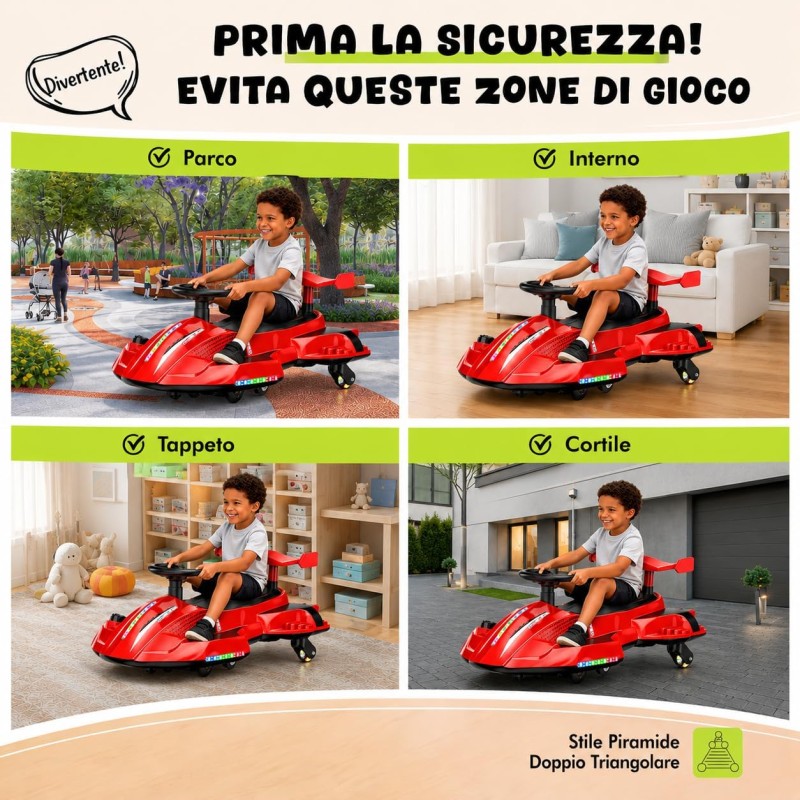 Auto Elettrica per Bambini 12V Macchina Vorticar Piroettante 2 in 1 con Sterzo 360° Effetto Fumo Musica Luci LED Telecomando – Variante Rosso