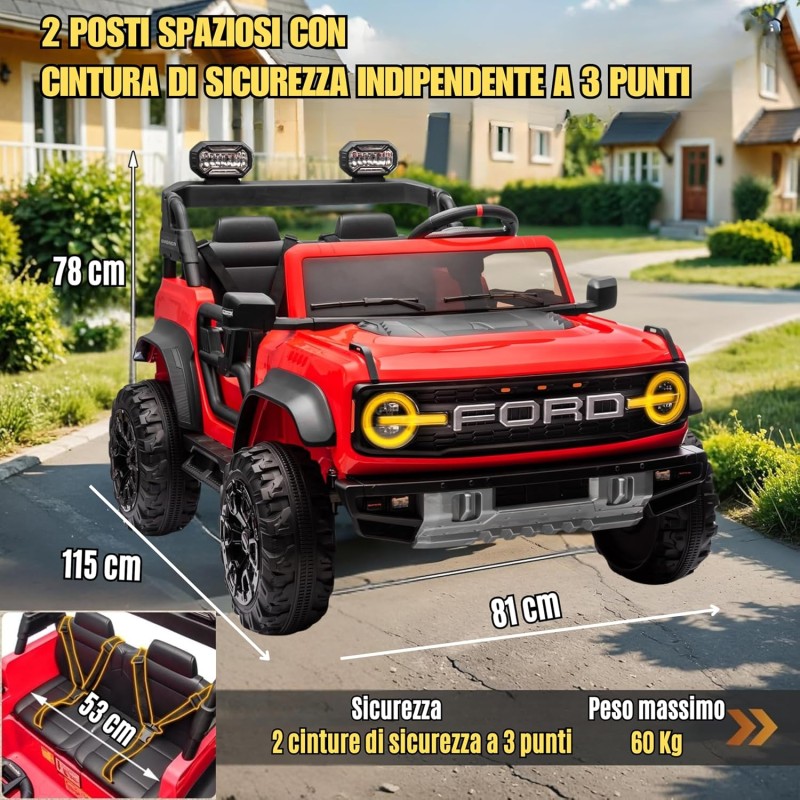Auto Macchina Elettrica per Bambini 24V Ford Bronco Raptor Fuoristrada 2 Posti con Telecomando 0975 – Variante Rosso