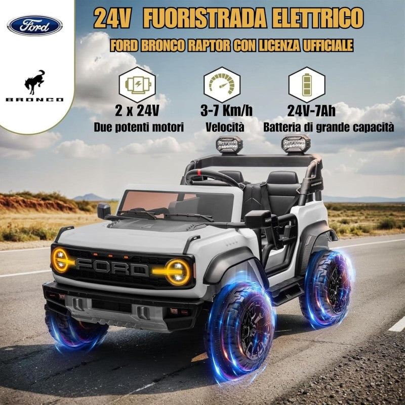 Auto Macchina Elettrica per Bambini 24V Ford Bronco Raptor Fuoristrada 2 Posti con Telecomando 0975 – Variante Bianco