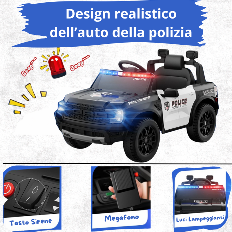 Auto Macchina Elettrica per Bambini Ford Ranger Police 12v con Telecomando Luci Lampeggianti Microfono e Sirena della Polizia