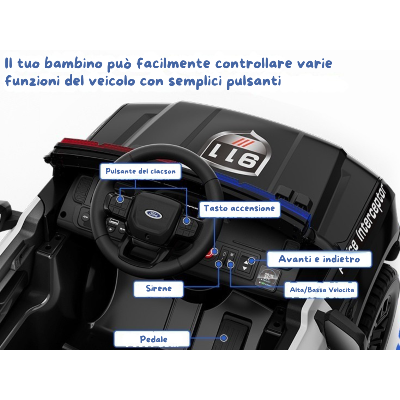 Auto Macchina Elettrica per Bambini Ford Ranger Police 12v con Telecomando Luci Lampeggianti Microfono e Sirena della Polizia