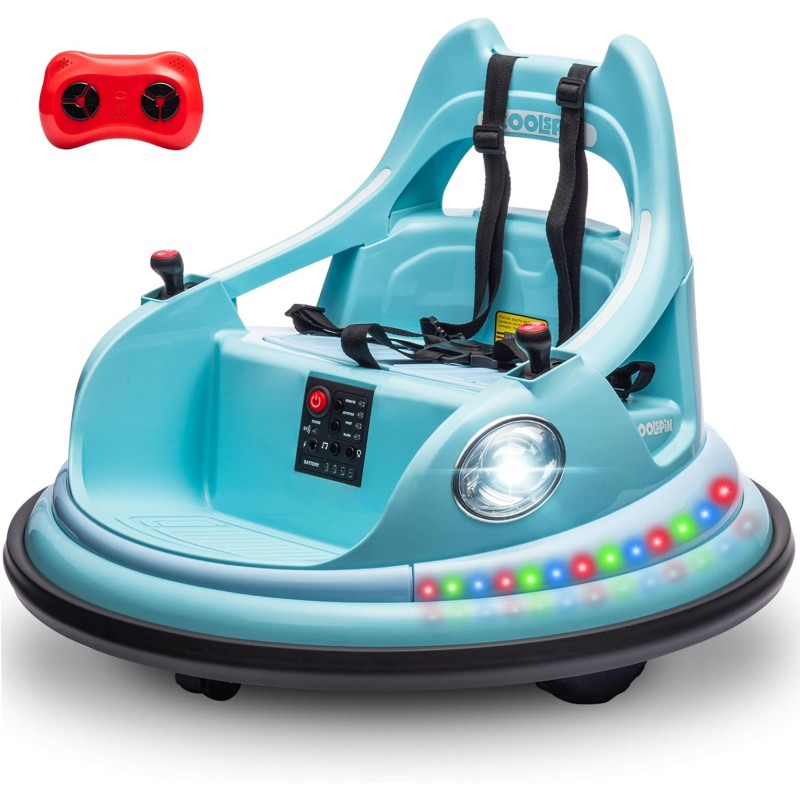 Autoscontro Elettrico per Bambini YJ6055 Supercar 12V Girevole a 360° con Telecomando Cintura di Sicurezza a 5 punti Luci a Led – Variante Blu