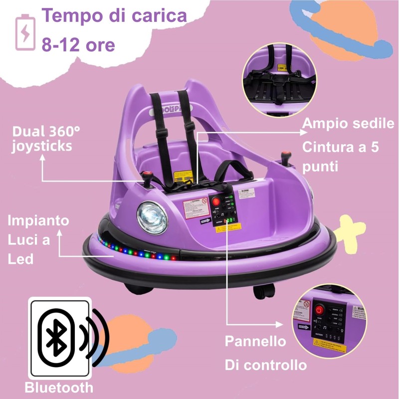 Autoscontro Elettrico per Bambini YJ6055 Supercar 12V Girevole a 360° con Telecomando Cintura di Sicurezza a 5 punti Luci a Led – Variante Violet