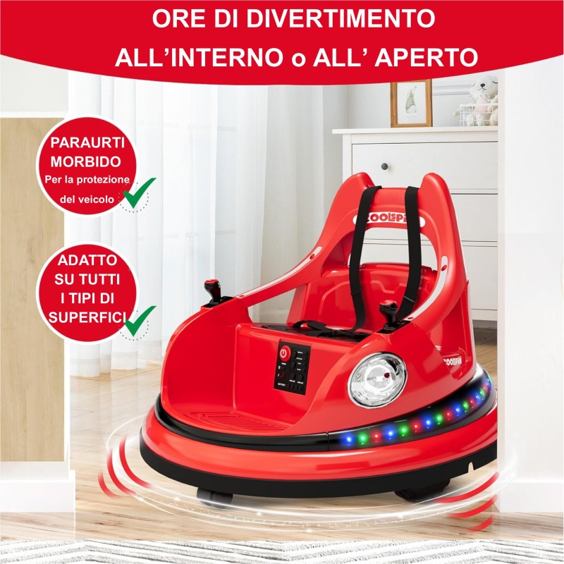 Autoscontro Elettrico per Bambini YJ6055 Supercar 12V Girevole a 360° con Telecomando Cintura di Sicurezza a 5 punti Luci a Led – Variante Rosso