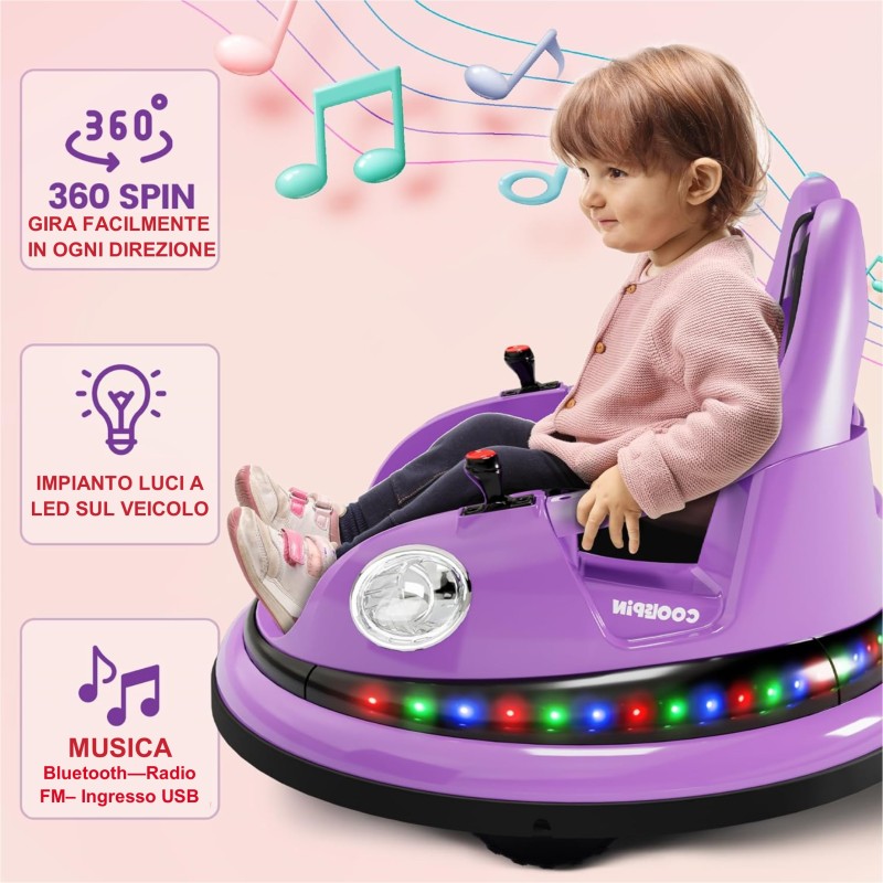 Autoscontro Elettrico per Bambini YJ6055 Supercar 12V Girevole a 360° con Telecomando Cintura di Sicurezza a 5 punti Luci a Led – Variante Violet