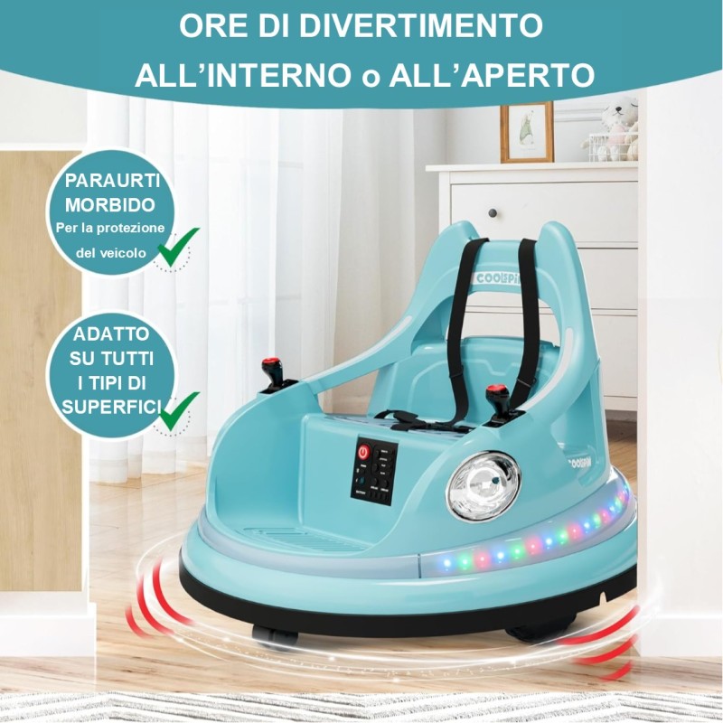 Autoscontro Elettrico per Bambini YJ6055 Supercar 12V Girevole a 360° con Telecomando Cintura di Sicurezza a 5 punti Luci a Led – Variante Blu