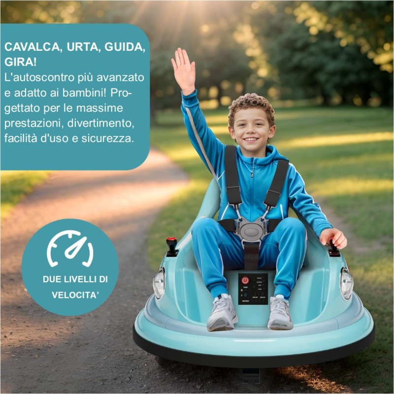 Autoscontro Elettrico per Bambini YJ6055 Supercar 12V Girevole a 360° con Telecomando Cintura di Sicurezza a 5 punti Luci a Led – Variante Blu