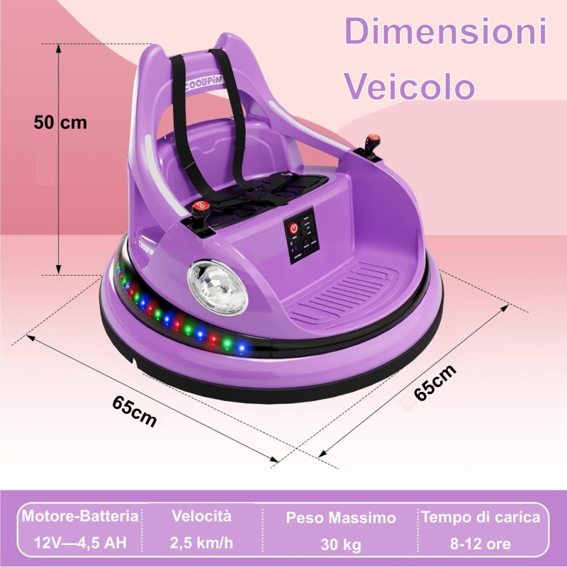 Autoscontro Elettrico per Bambini YJ6055 Supercar 12V Girevole a 360° con Telecomando Cintura di Sicurezza a 5 punti Luci a Led – Variante Violet