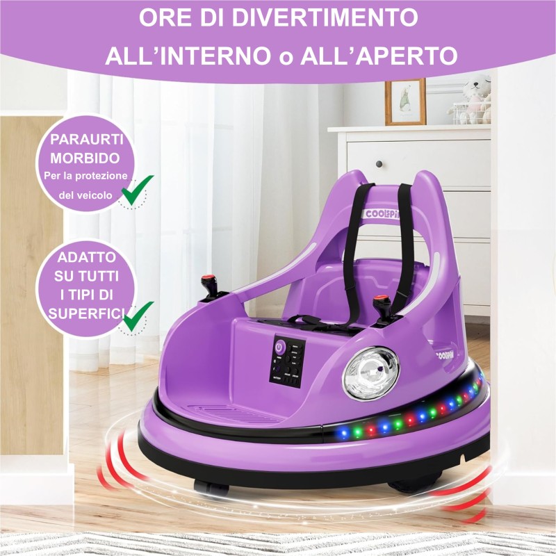 Autoscontro Elettrico per Bambini YJ6055 Supercar 12V Girevole a 360° con Telecomando Cintura di Sicurezza a 5 punti Luci a Led – Variante Violet