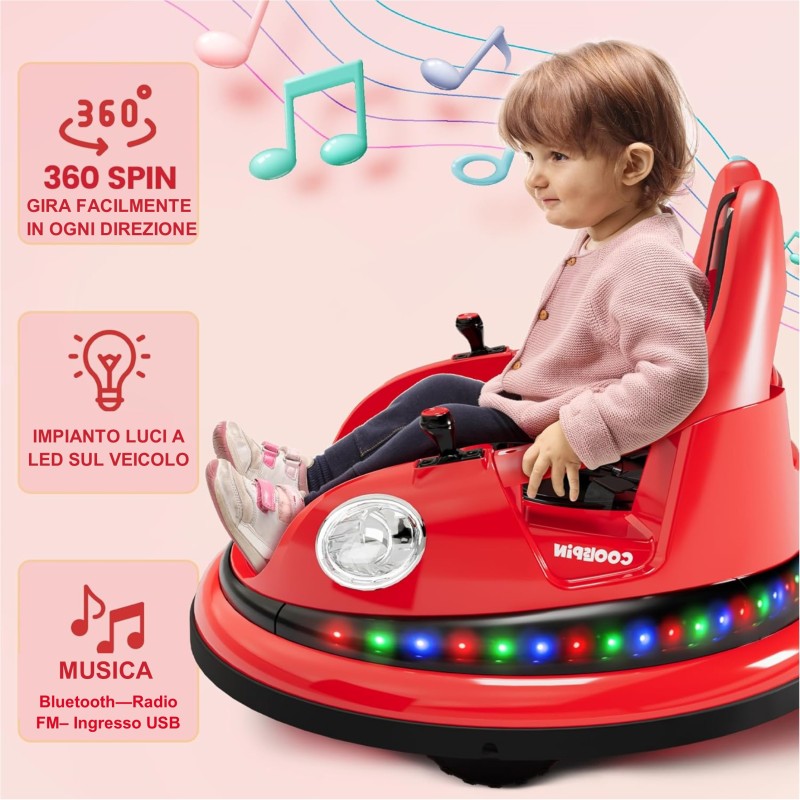 Autoscontro Elettrico per Bambini YJ6055 Supercar 12V Girevole a 360° con Telecomando Cintura di Sicurezza a 5 punti Luci a Led – Variante Rosso