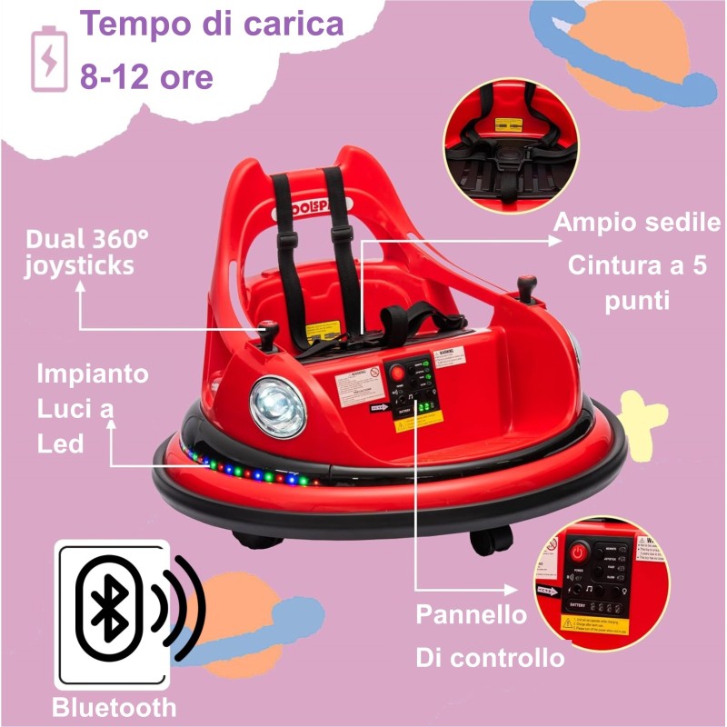 Autoscontro Elettrico per Bambini YJ6055 Supercar 12V Girevole a 360° con Telecomando Cintura di Sicurezza a 5 punti Luci a Led – Variante Rosso