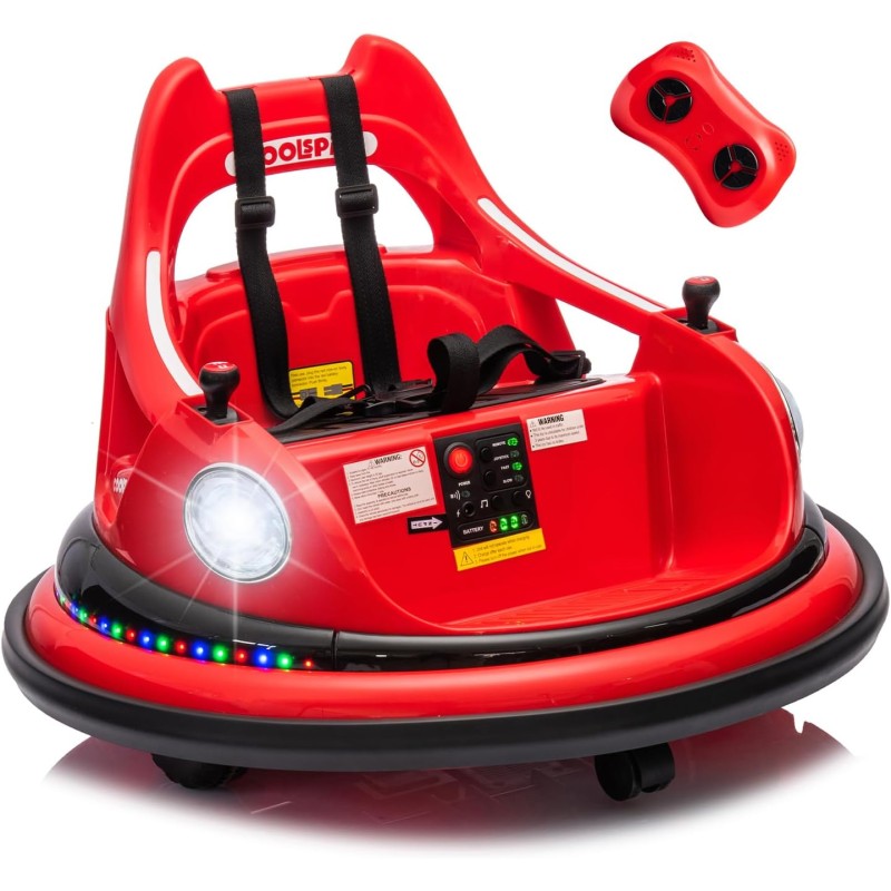 Autoscontro Elettrico per Bambini YJ6055 Supercar 12V Girevole a 360° con Telecomando Cintura di Sicurezza a 5 punti Luci a Led - Rosso