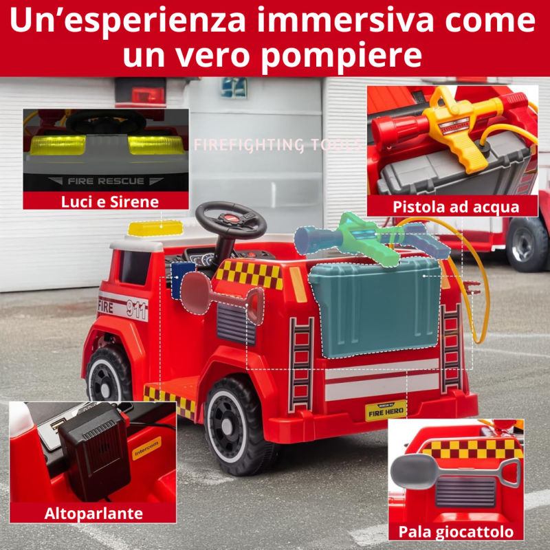 Camion dei Pompieri Cavalcabile Elettrico per Bambini 12V con Telecomando Luci Siren Suoni e Accessori Inclusi Full Optional