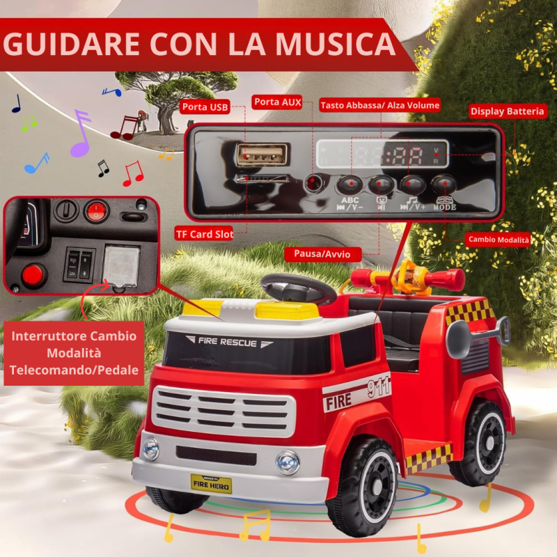 Camion dei Pompieri Cavalcabile Elettrico per Bambini 12V con Telecomando Luci Siren Suoni e Accessori Inclusi Full Optional