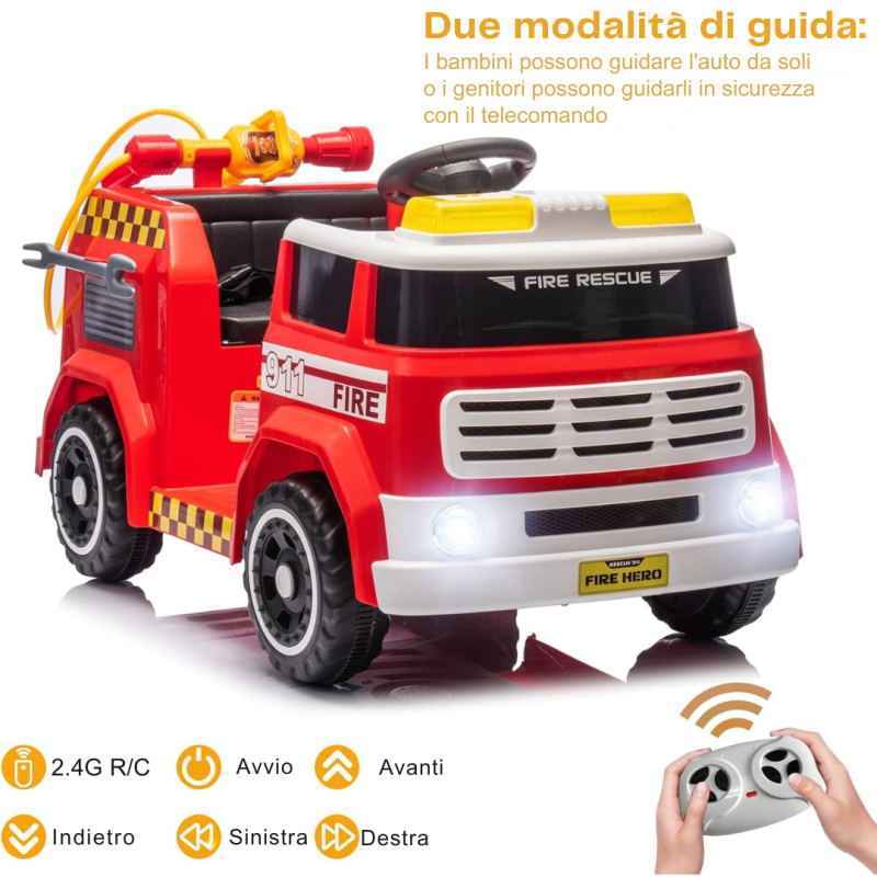 Camion dei Pompieri Cavalcabile Elettrico per Bambini 12V con Telecomando Luci Siren Suoni e Accessori Inclusi Full Optional