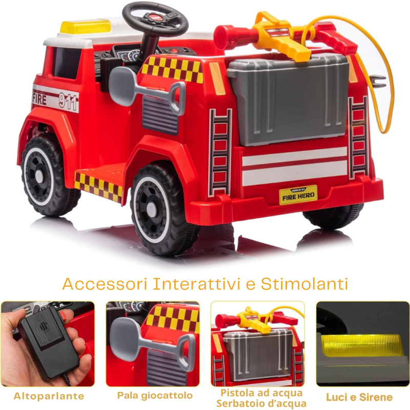 Camion dei Pompieri Cavalcabile Elettrico per Bambini 12V con Telecomando Luci Siren Suoni e Accessori Inclusi Full Optional