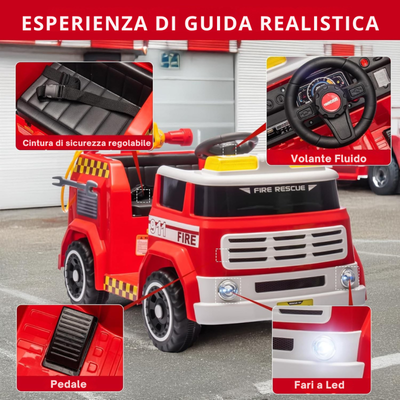 Camion dei Pompieri Cavalcabile Elettrico per Bambini 12V con Telecomando Luci Siren Suoni e Accessori Inclusi Full Optional