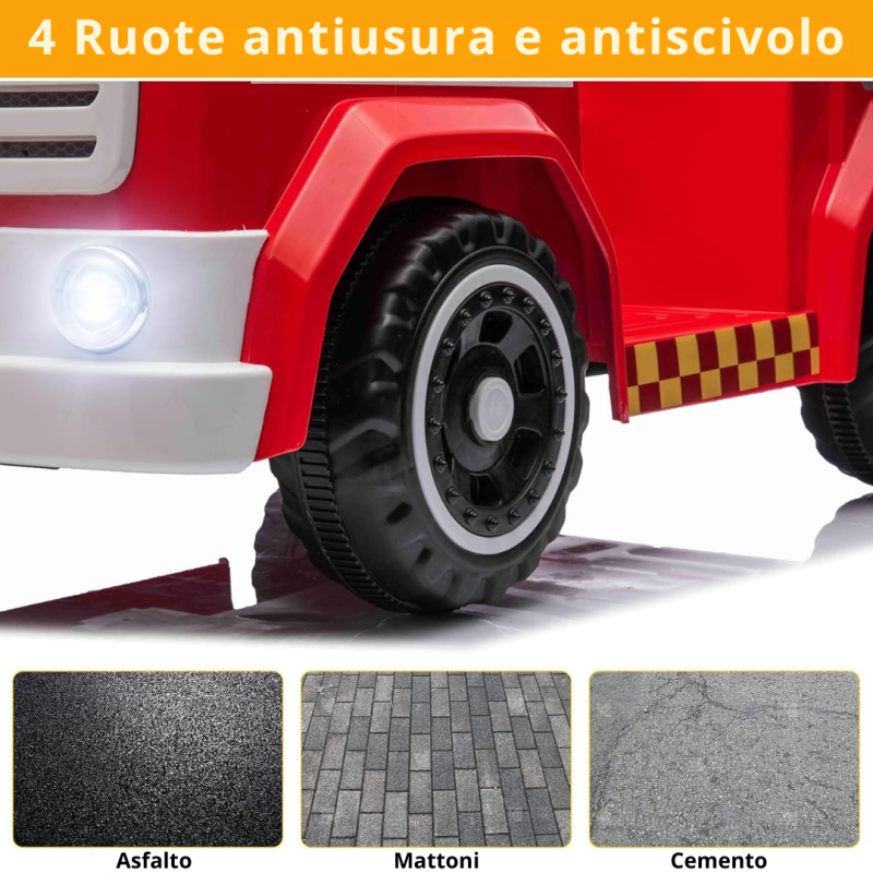 Camion dei Pompieri Cavalcabile Elettrico per Bambini 12V con Telecomando Luci Siren Suoni e Accessori Inclusi Full Optional