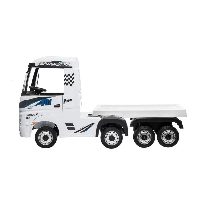Camion Elettrico Mercedes Actros per Bambini 12V con Rimorchio Sedile in Pelle Telecomando Full Optional – Variante Bianco