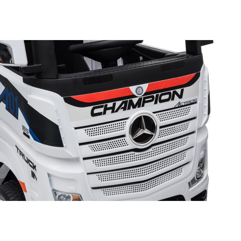 Camion Elettrico Mercedes Actros per Bambini 12V con Rimorchio Sedile in Pelle Telecomando Full Optional – Variante Bianco