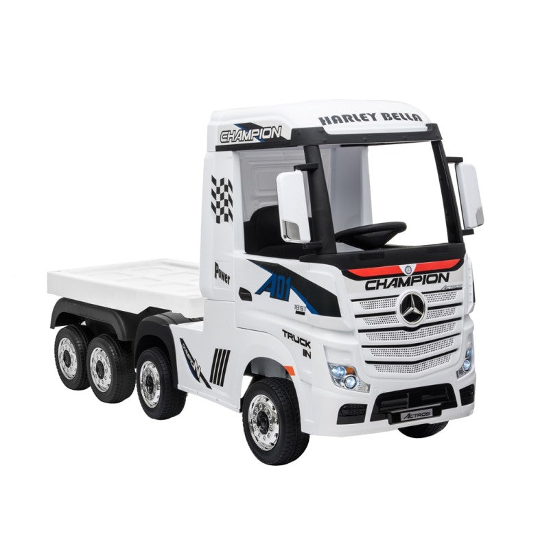 Camion Elettrico Mercedes Actros per Bambini 12V con Rimorchio Sedile in Pelle Telecomando Full Optional – Variante Bianco