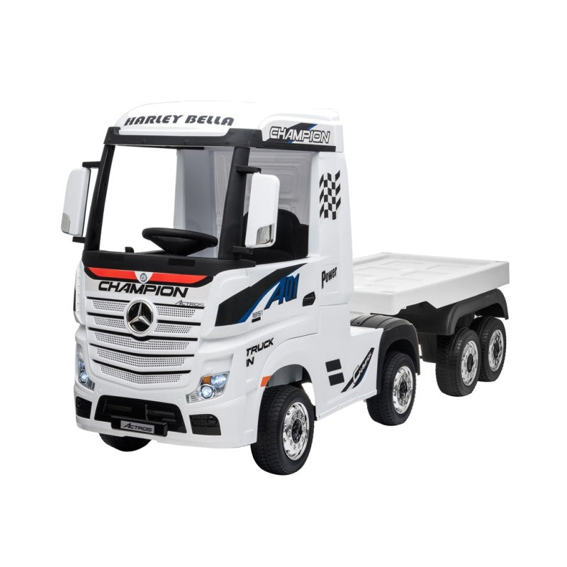 Camion Elettrico Mercedes Actros per Bambini 12V con Rimorchio Sedile in Pelle Telecomando Full Optional - Bianco