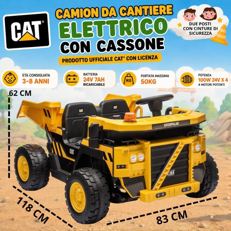 Camion Elettrico per Bambini 2 Posti 24V CAT Caterpillar – Camion da cantiere con Cassone Ribaltabile MT-904
