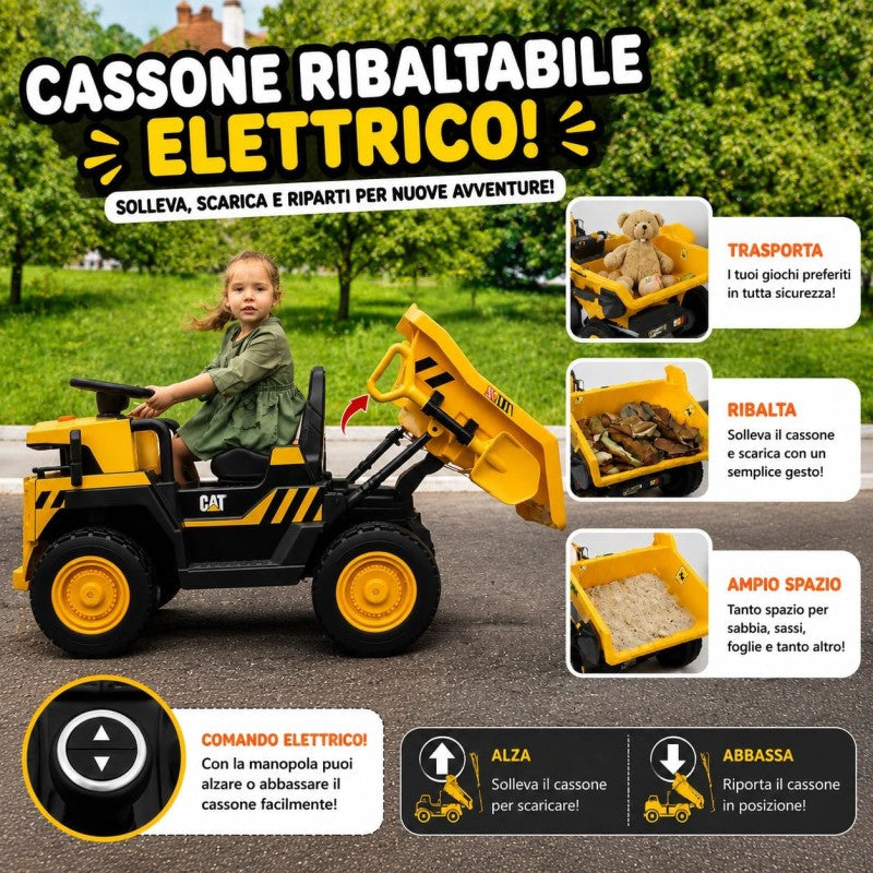 Camion Elettrico per Bambini 2 Posti 24V CAT Caterpillar – Camion da cantiere con Cassone Ribaltabile MT-904