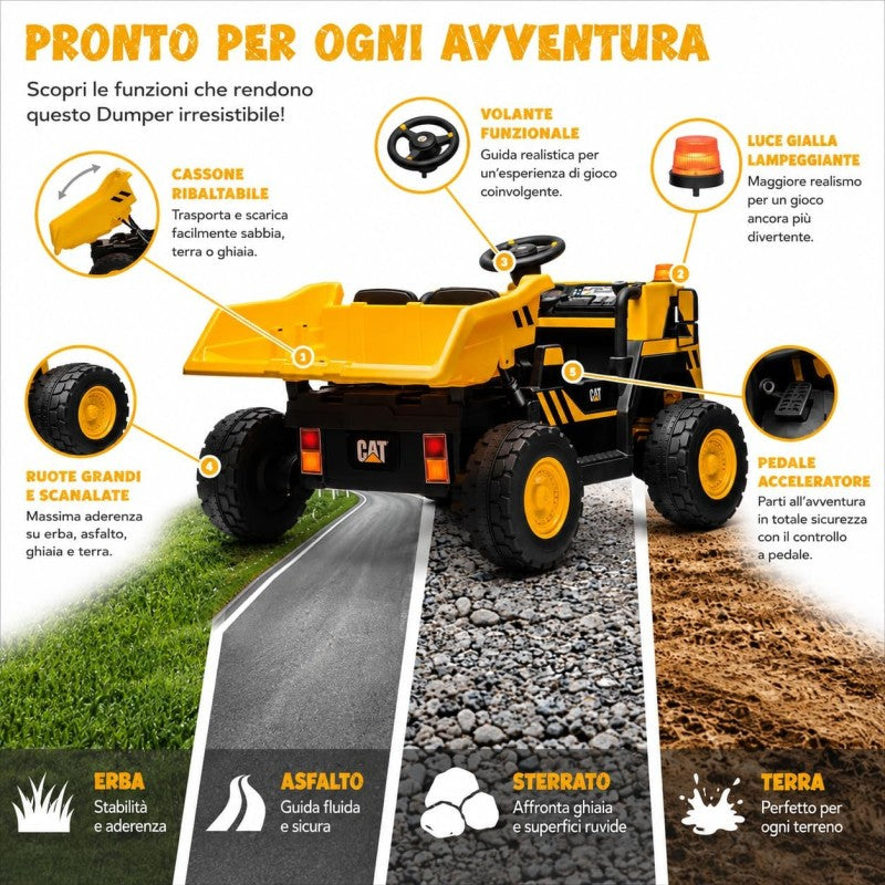 Camion Elettrico per Bambini 2 Posti 24V CAT Caterpillar – Camion da cantiere con Cassone Ribaltabile MT-904