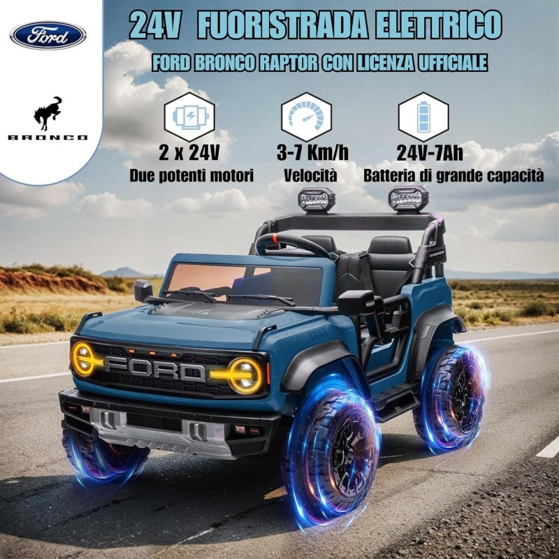 Ford Bronco Raptor 24V Auto Macchina Elettrica per Bambini 2 Posti Fuoristrada con Telecomando - RUOTE IN GOMMA EVA XL 0975 – Variante Blu