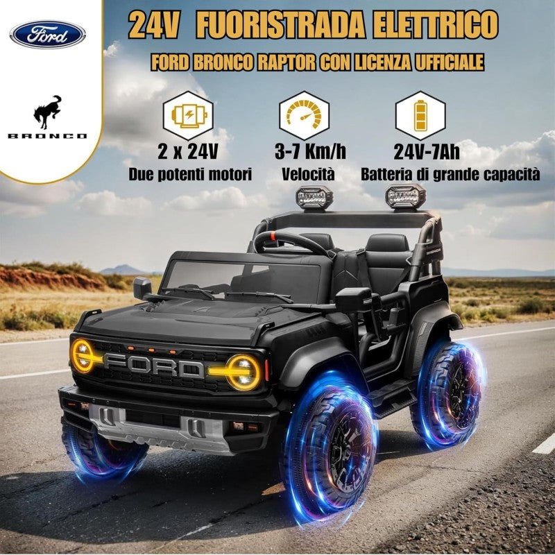 Ford Bronco Raptor 24V Auto Macchina Elettrica per Bambini 2 Posti Fuoristrada con Telecomando - RUOTE IN GOMMA EVA XL 0975 – Variante Nero