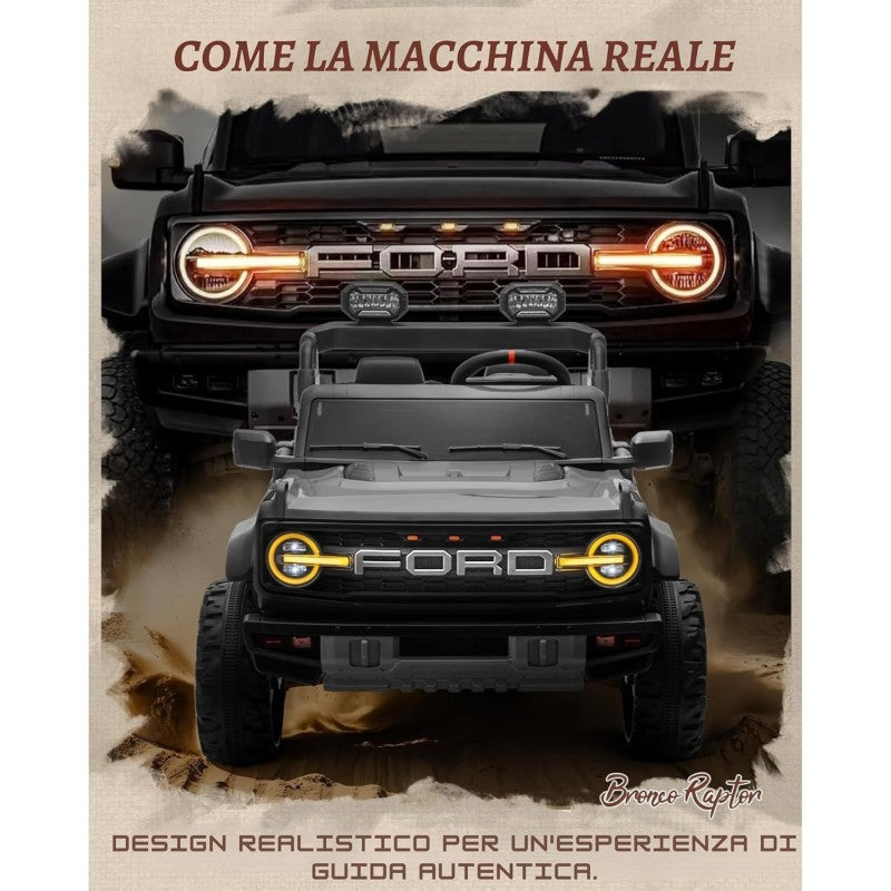 Ford Bronco Raptor 24V Auto Macchina Elettrica per Bambini 2 Posti Fuoristrada con Telecomando - RUOTE IN GOMMA EVA XL 0975 – Variante Nero
