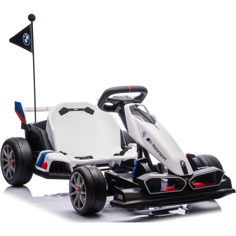 Go Kart Elettrico BMW per Bambini 24V con Sedile Regolabile 6-12 Anni Luci LED 2 Velocità Modalità Drift – Variante Bianco