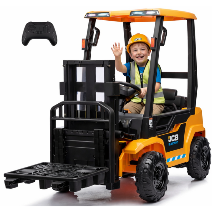 JCB Carrello Elevatore Elettrico per Bambini 12V Muletto Cavalcabile con Telecomando Forche Funzionanti