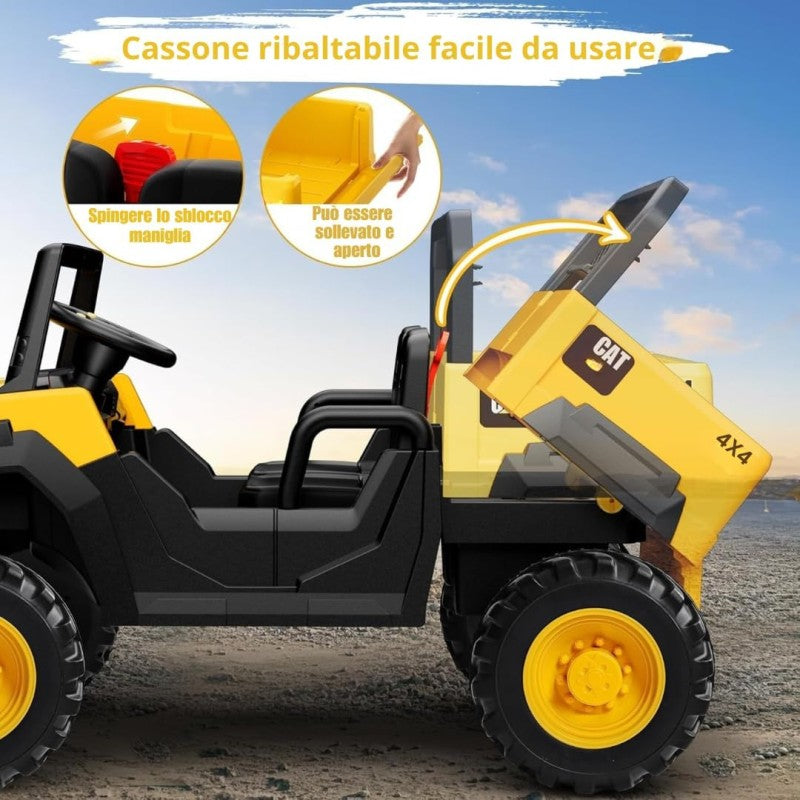 Macchina Elettrica per Bambini 2 Posti 24V UTV CAT Caterpillar – Camion con Cassone Ribaltabile, 4 Motori 100W, Telecomando