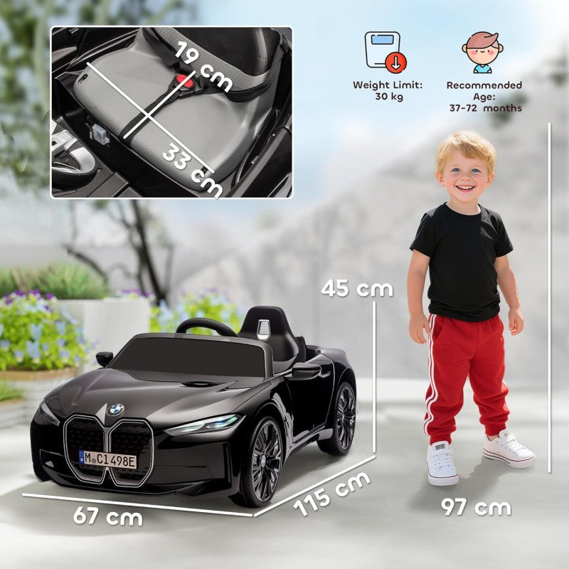 Macchina Elettrica per Bambini BMW I4 Telecomandata 12v con Fari a Led Bluetooth Cinture di Sicurezza a 3 Punti – Variante Nero